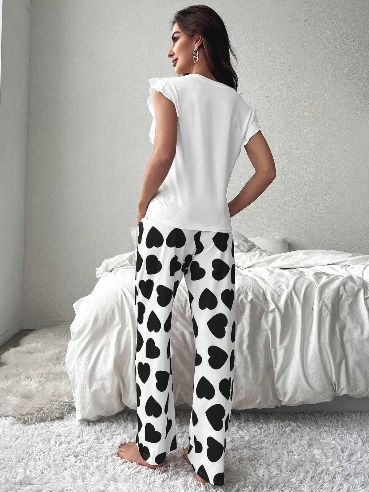 Heart print pajama set with ruffle sleeves - View 8 | TEVQA