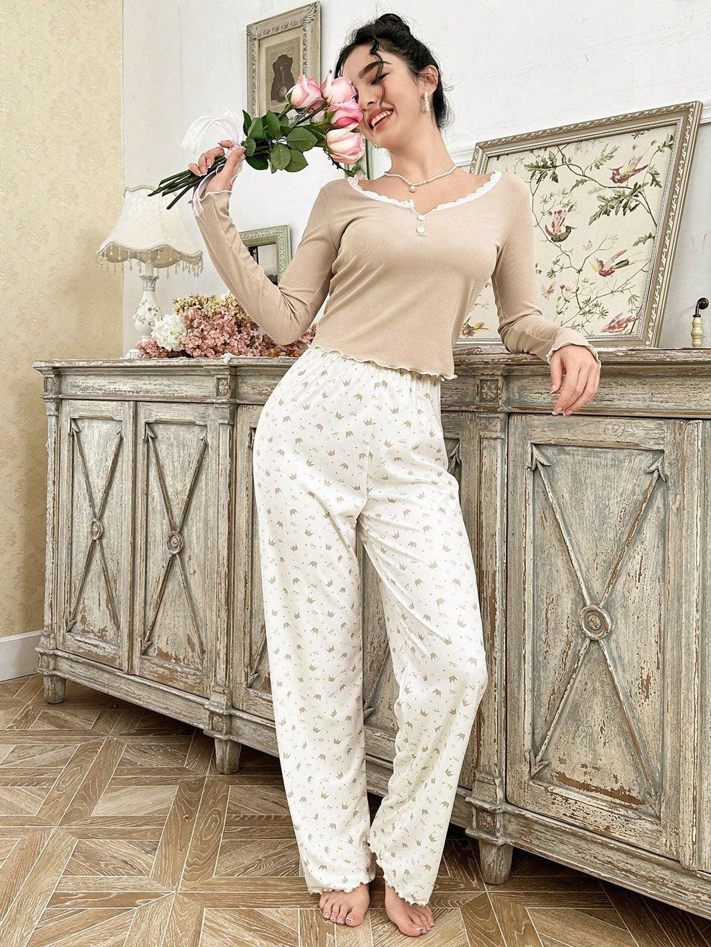 Ribbed knit pajama set with lace trim henley top and crown print bottoms - View 16 | TEVQA