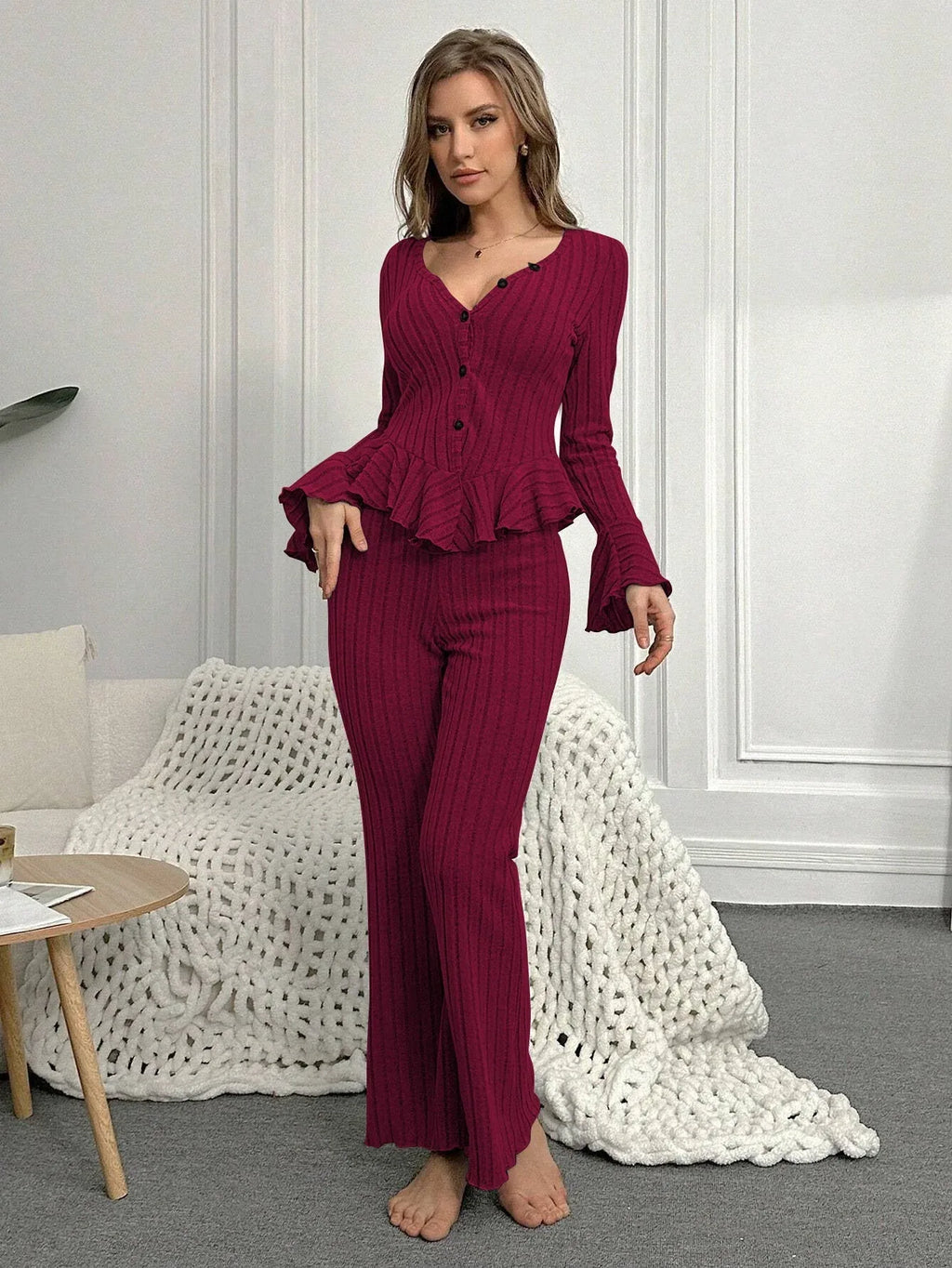 Ribbed Peplum Knit Lounge Set - View 12 | TEVQA