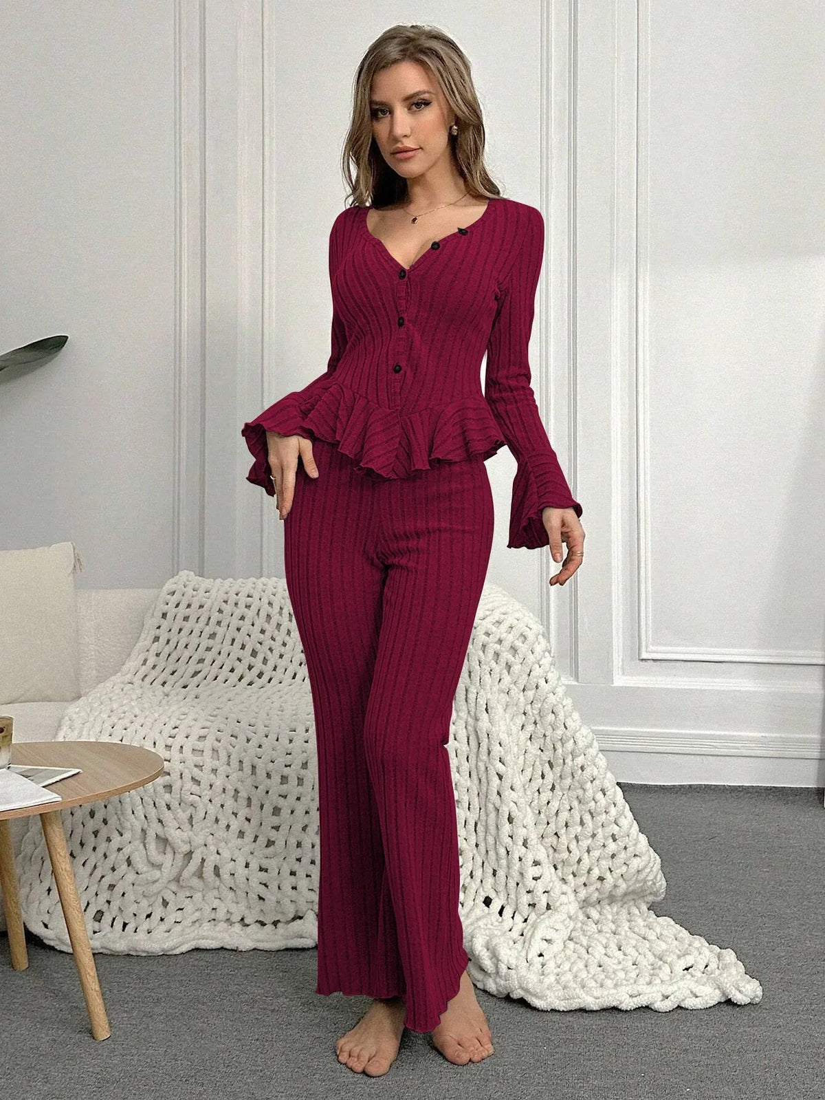 Ribbed Peplum Knit Lounge Set - View 12 | TEVQA