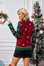Back view of a woman wearing a Christmas sweater with snowflake and geometric patterns.
