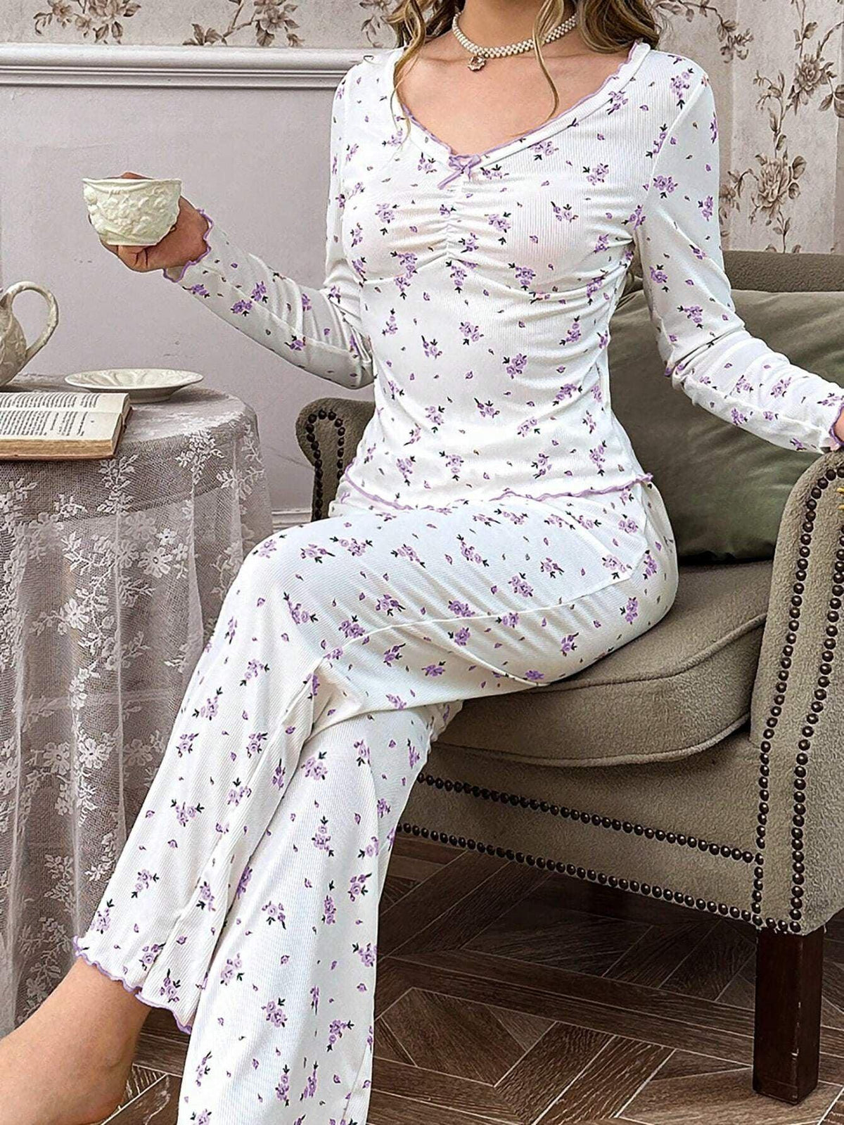 Ribbed Knit Floral Pajama Set - View 34 | TEVQA