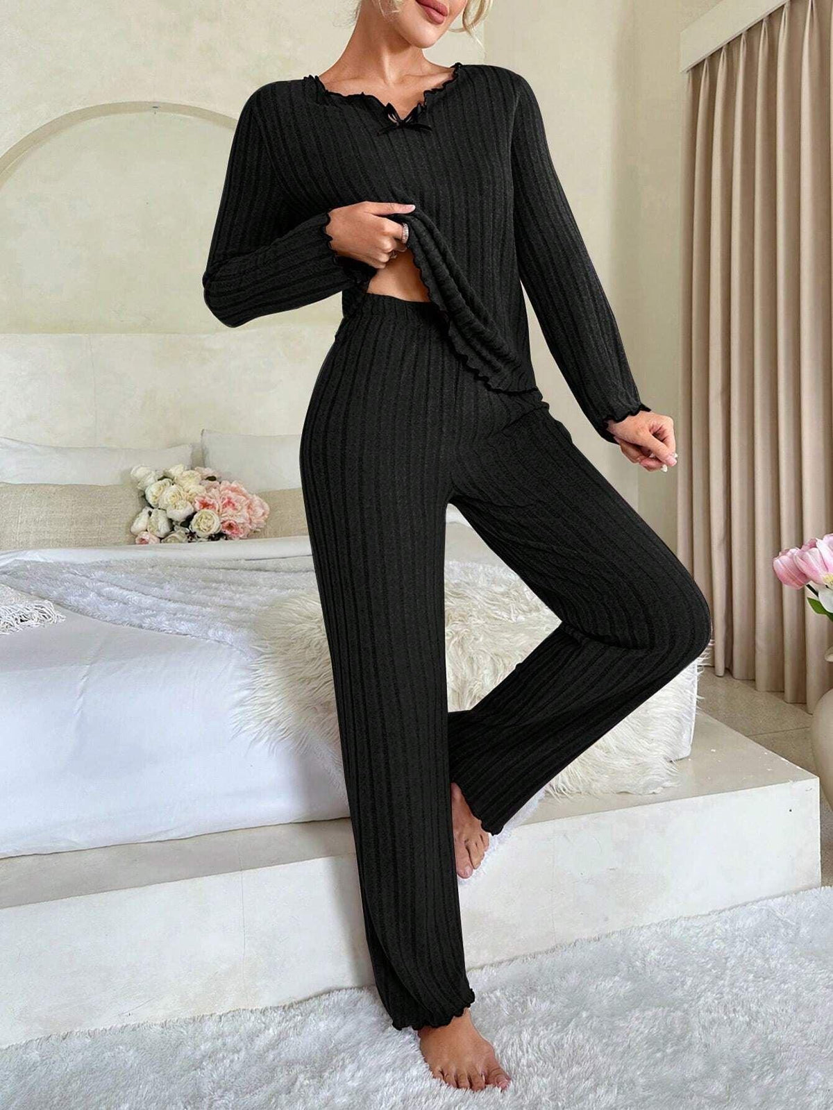 Ribbed Pajama Set with Contrast Trim - View 12 | TEVQA
