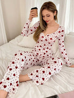 Ribbed Heart Print Pajama Set - View 18 | TEVQA