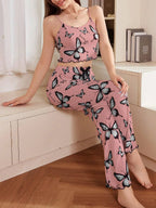 Ribbed cami and pants pajama set with butterfly print - View 10 | TEVQA
