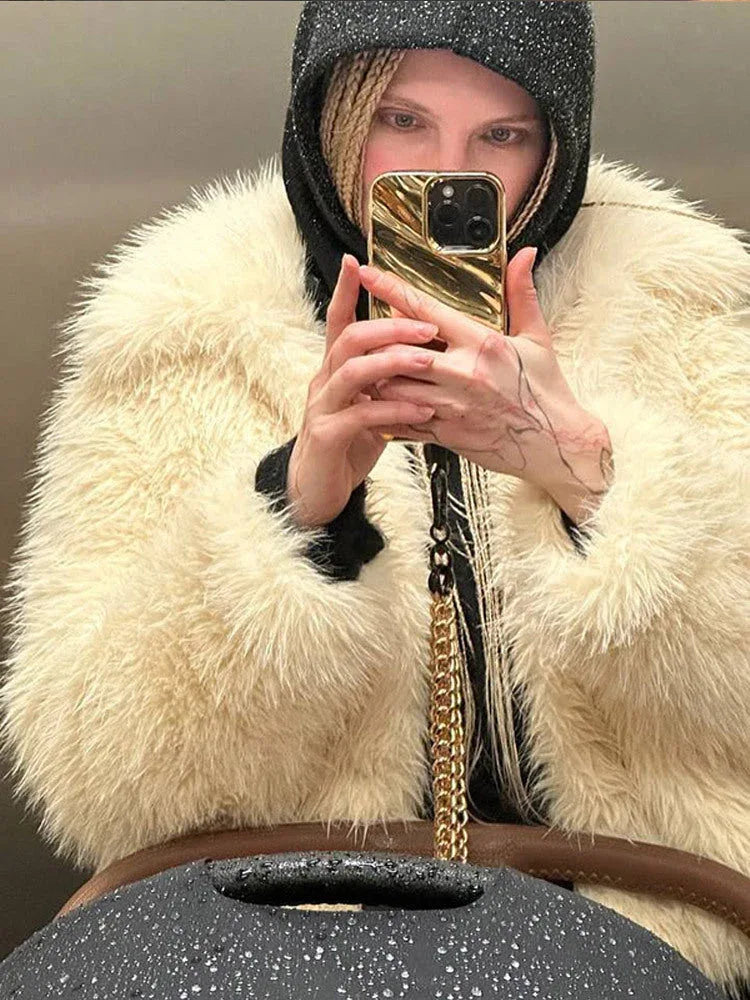 Cream plush faux fur cropped jacket - View 7 | TEVQA