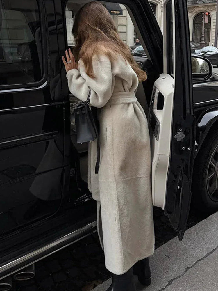 Majestic Cream Belted Faux Fur Long Coat - TEVQA