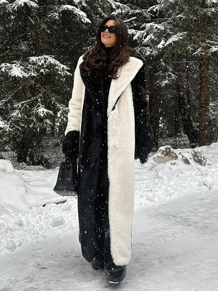 Avant-Garde Black and White Vertical Stripe Faux Fur Maxi Coat - View 8 | TEVQA