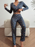 Tulip Floral Ribbed Henley Pajama Set - TEVQA