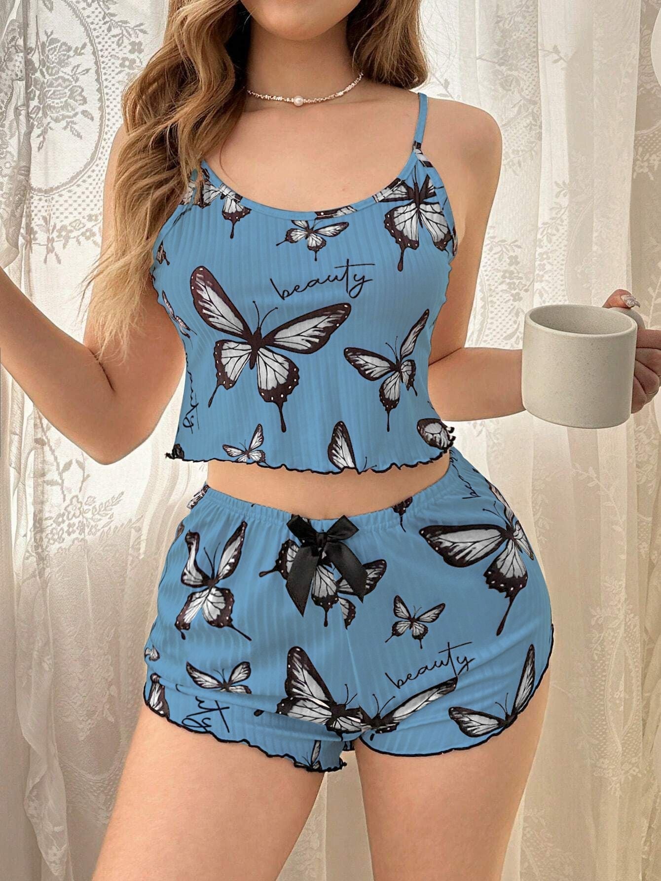 Blue Butterfly Print Ribbed Cami & Shorts Set