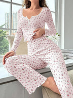 Ditsy floral ribbed henley pajama set - View 10 | TEVQA