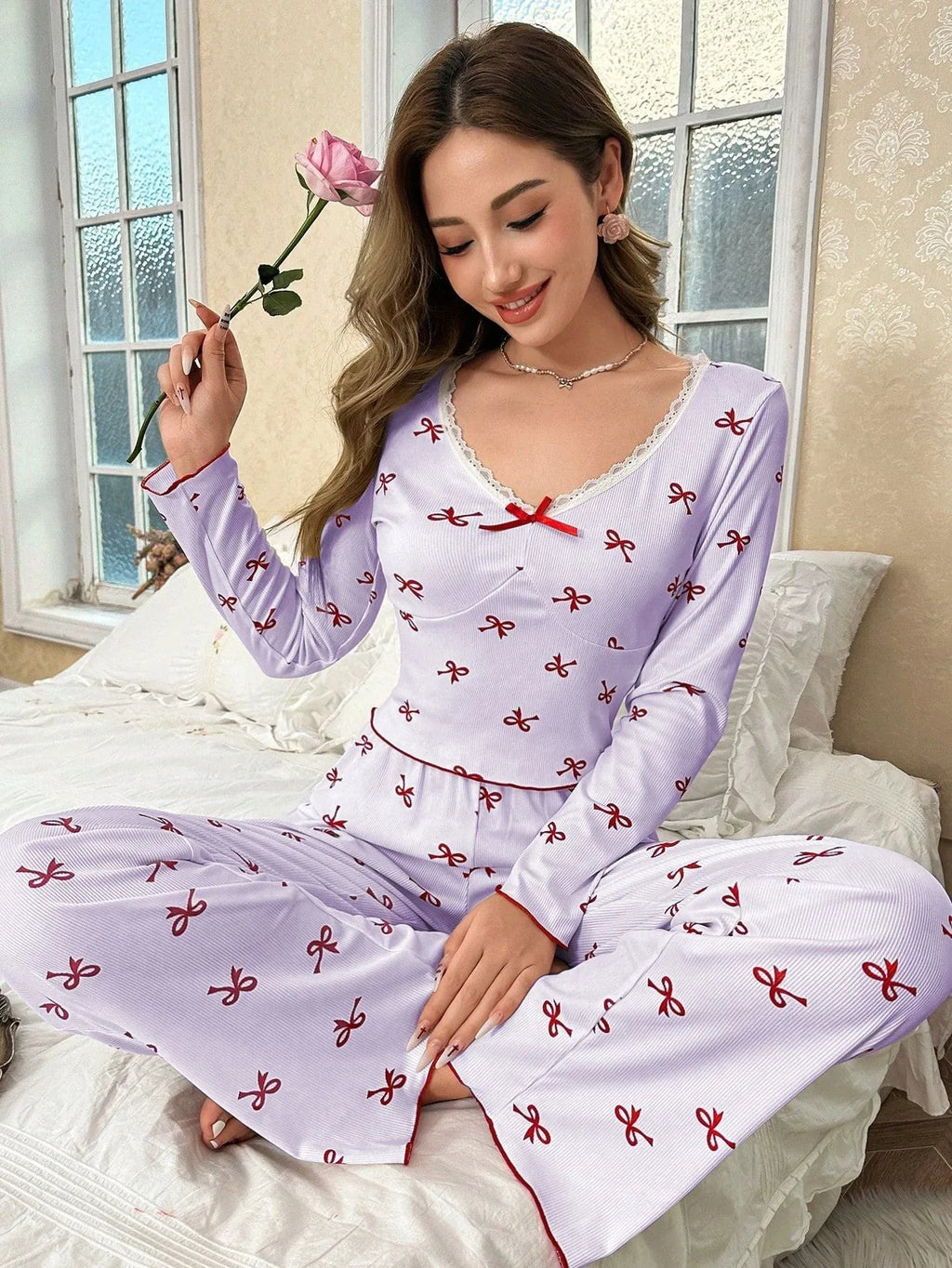 Ribbed pajama set with bow print and v-neckline - View 22 | TEVQA