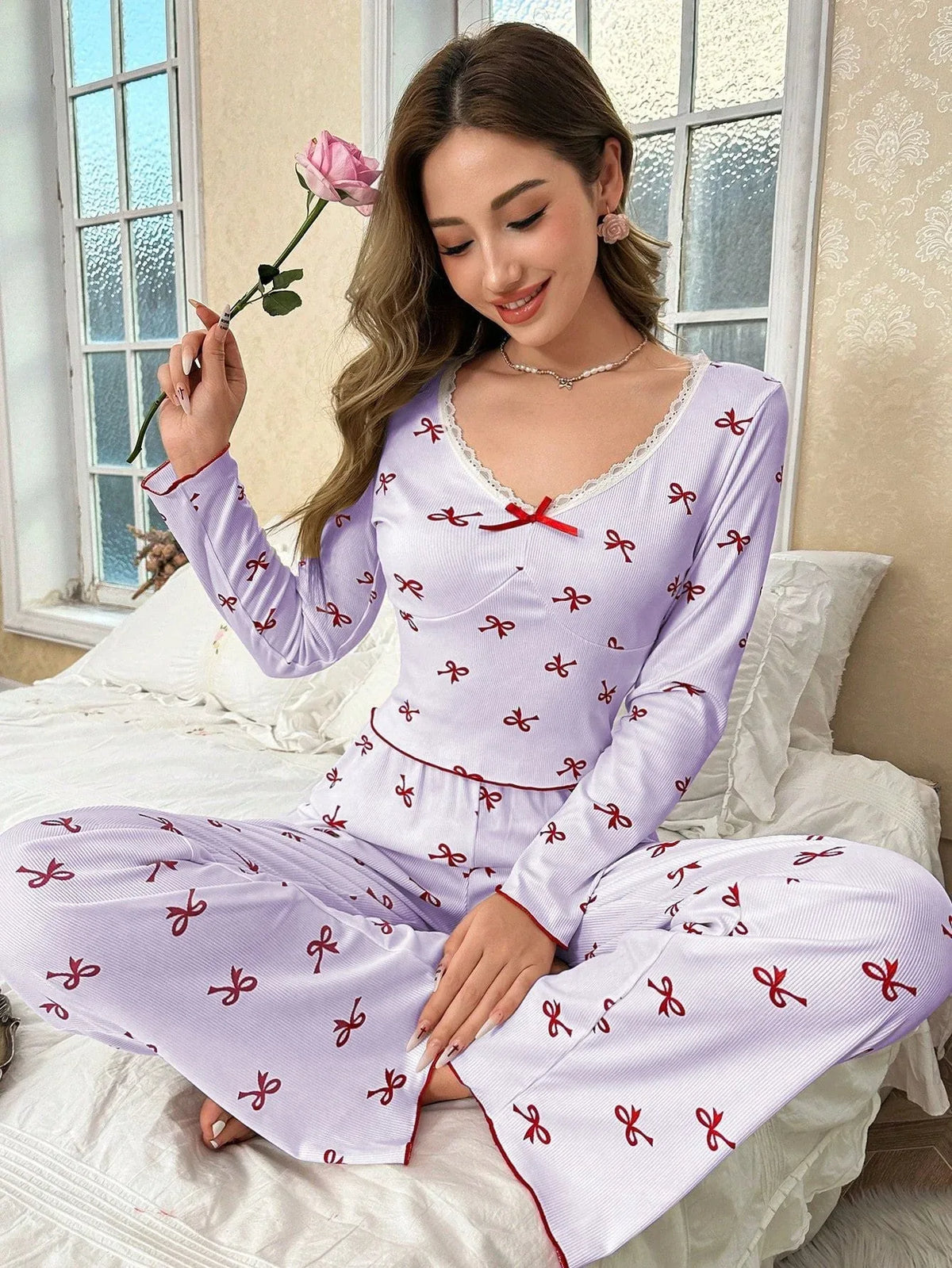 Ribbed pajama set with bow print and v-neckline - View 22 | TEVQA