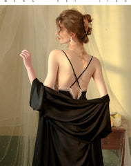 Button-Front Lace Satin Robe & Slip Dress Set