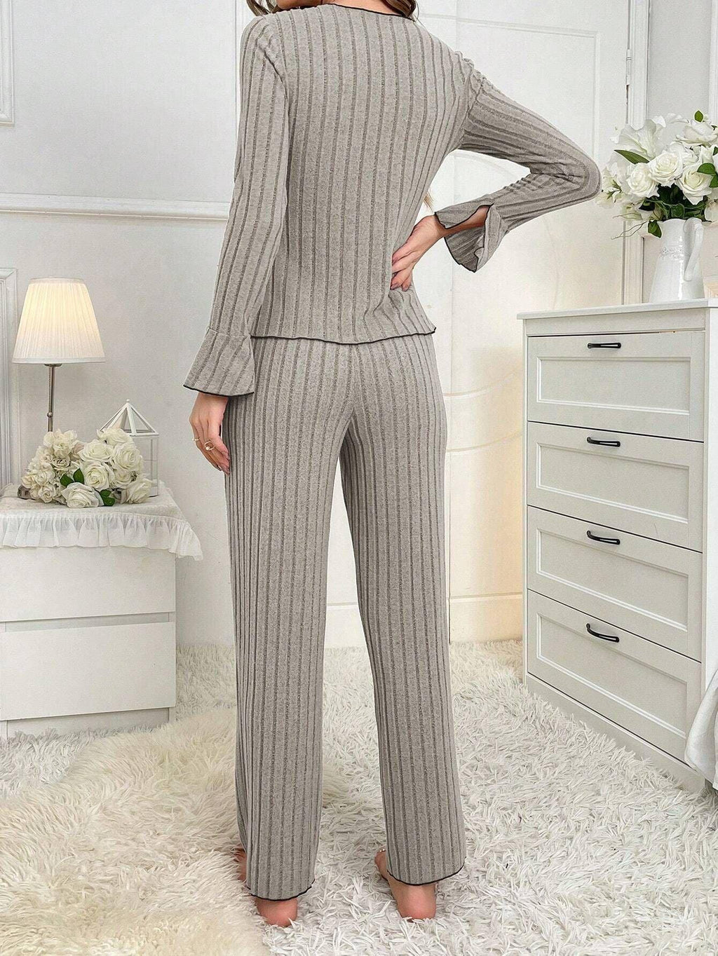 Ribbed pajama set with contrast trim and bow details - View 14 | TEVQA