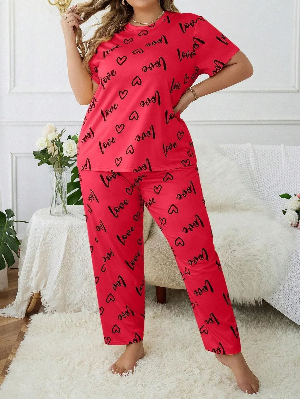 Plus Size "Love" Script Pajama Set - View 11 | TEVQA
