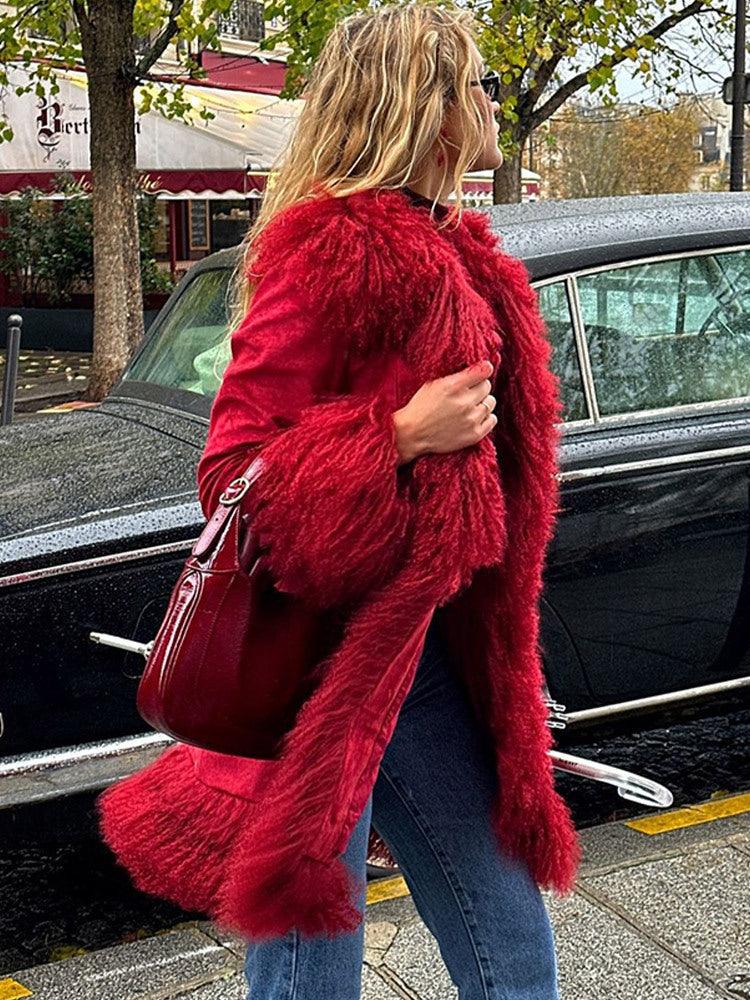 Crimson faux suede coat with textured fur trim - View 7 | TEVQA