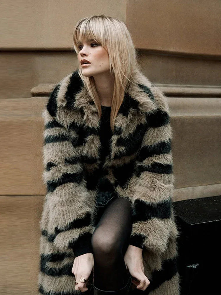 Vintage Zebra Stripe Faux Fur Long Coat - TEVQA