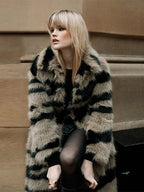 Vintage Zebra Stripe Faux Fur Long Coat - TEVQA