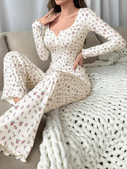 Coquette Ditsy Floral Ribbed Henley Pajama Set