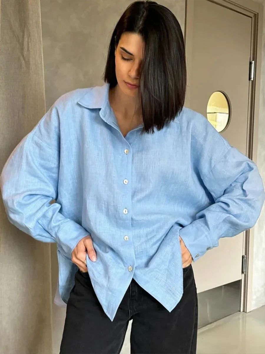 Effortless 100% Cotton Oversized Button Down Shirt - TEVQA