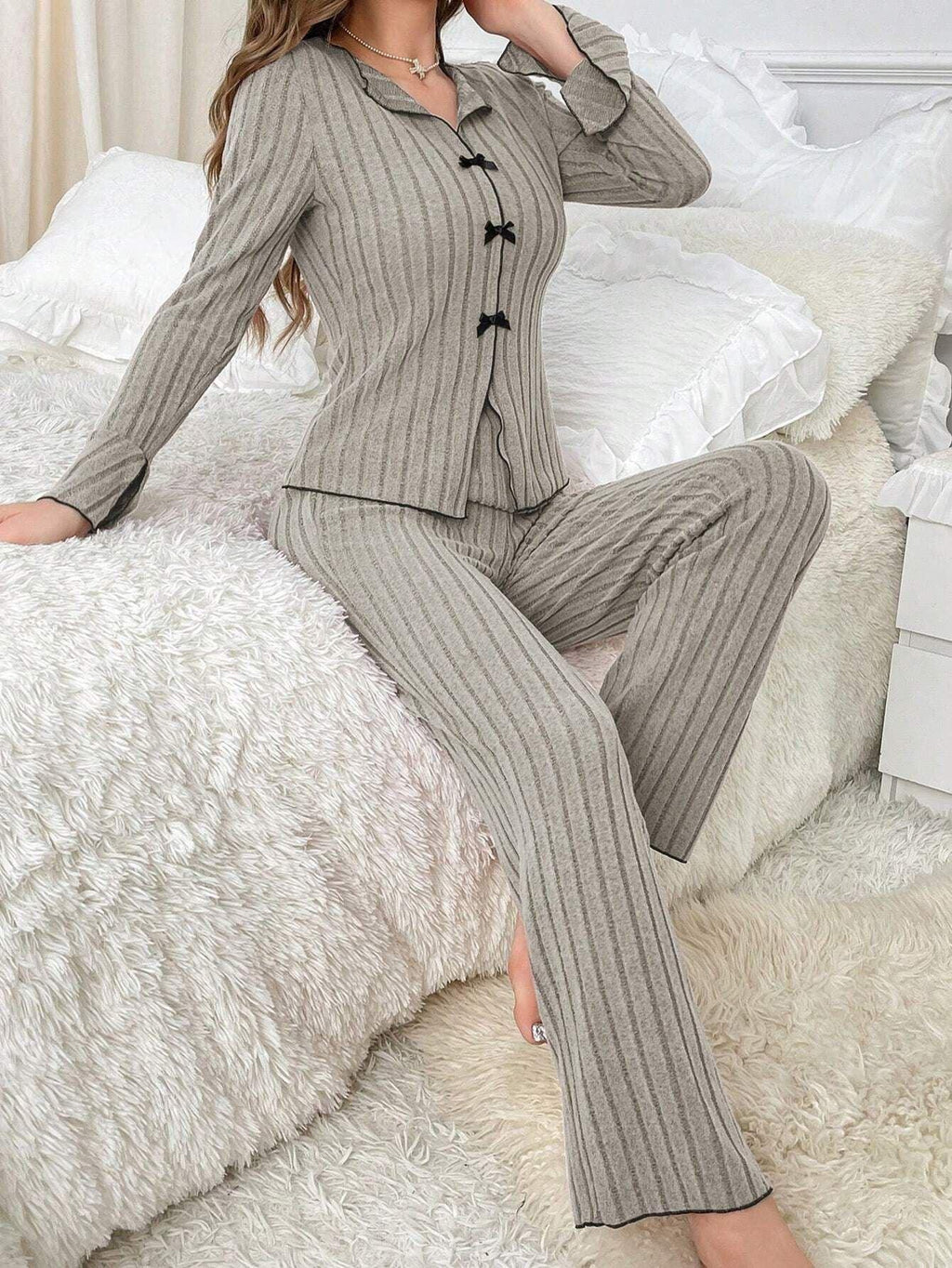 Ribbed pajama set with contrast trim and bow details - View 18 | TEVQA