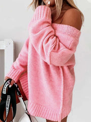 Soft Pink Off-Shoulder V-Neck Sweater