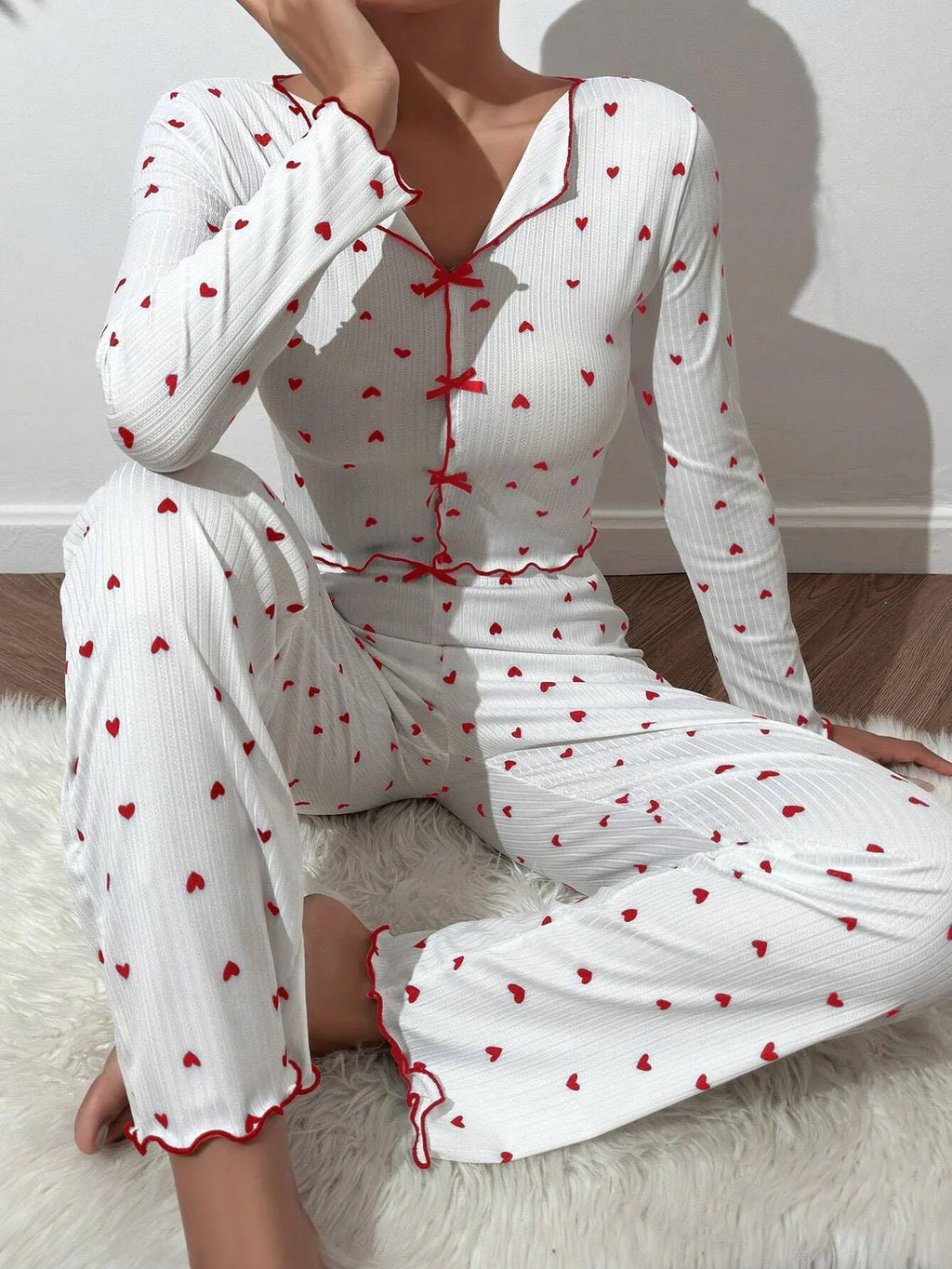 Ribbed Heart Print Pajama Set - View 12 | TEVQA