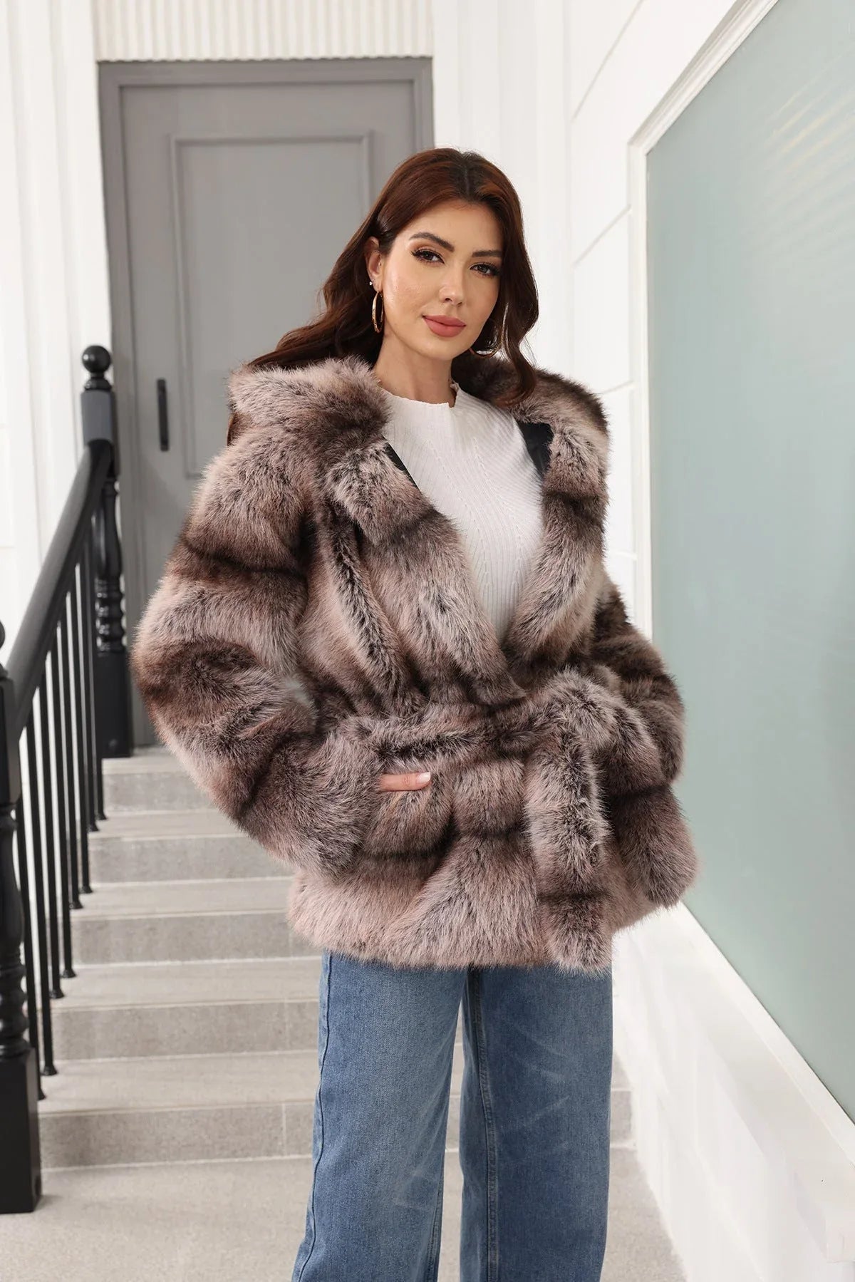 Faux fur coat with hood - View 9 | TEVQA