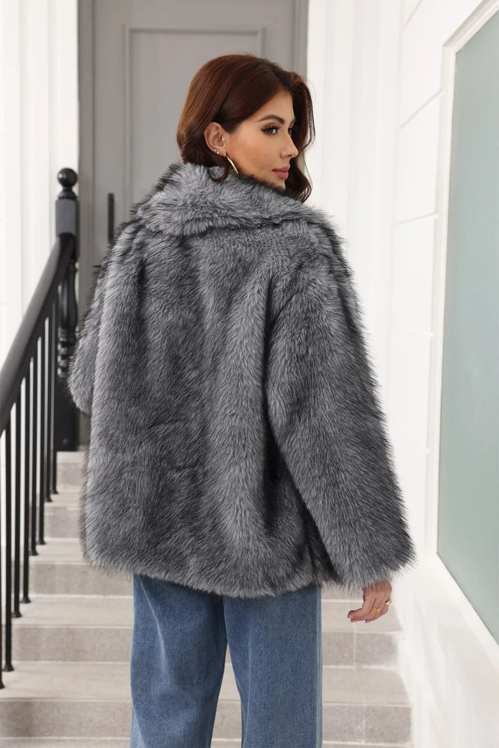 Luxe Grey Belted Faux Fur Coat - View 6 | TEVQA
