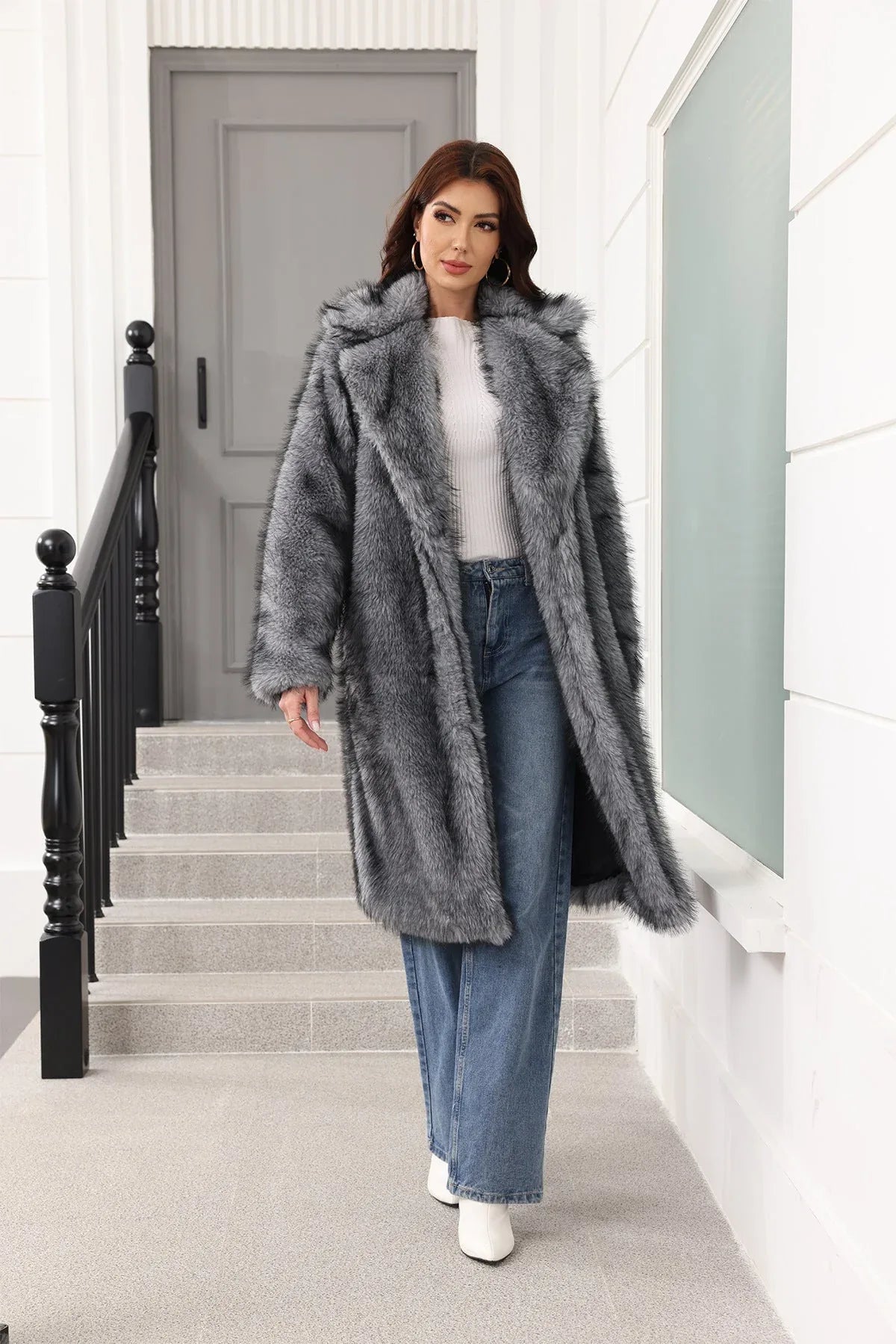 Long Faux Fur Lapel Coat - View 13 | TEVQA