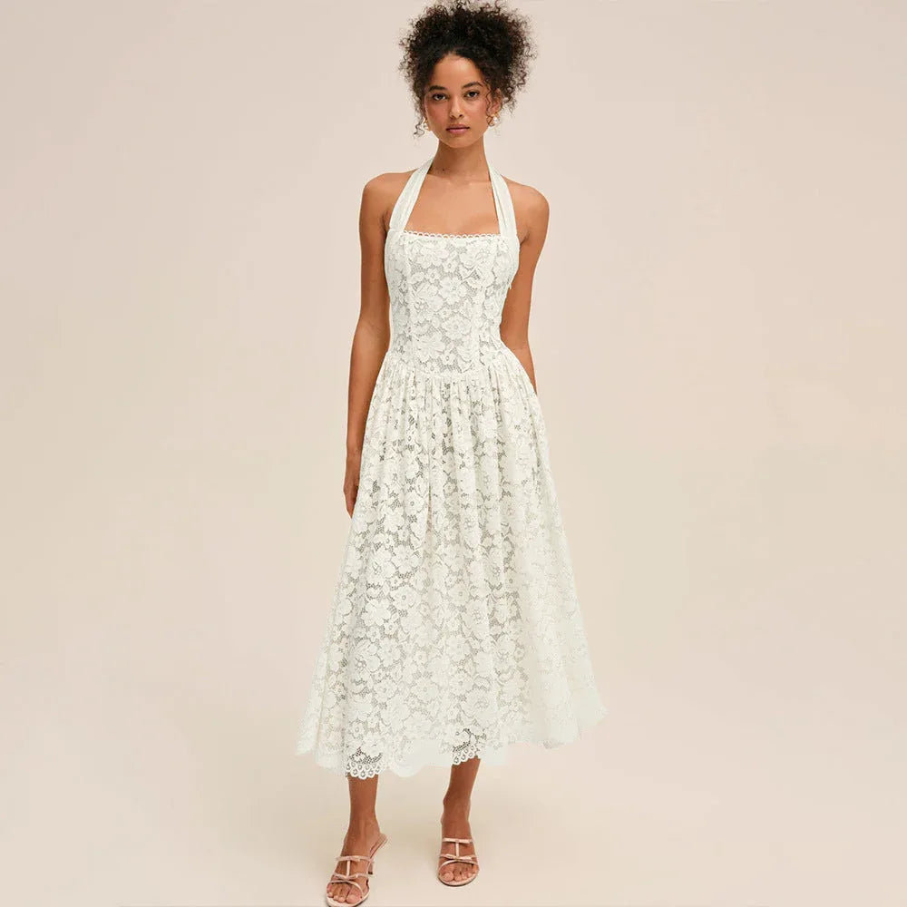 White lace halter midi dress