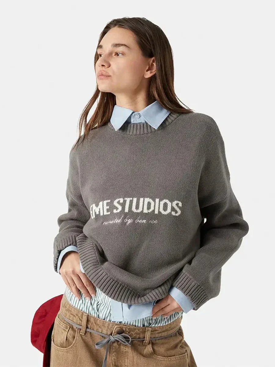 Relaxed "EMESTUDIOS" Graphic Knit Sweater - TEVQA