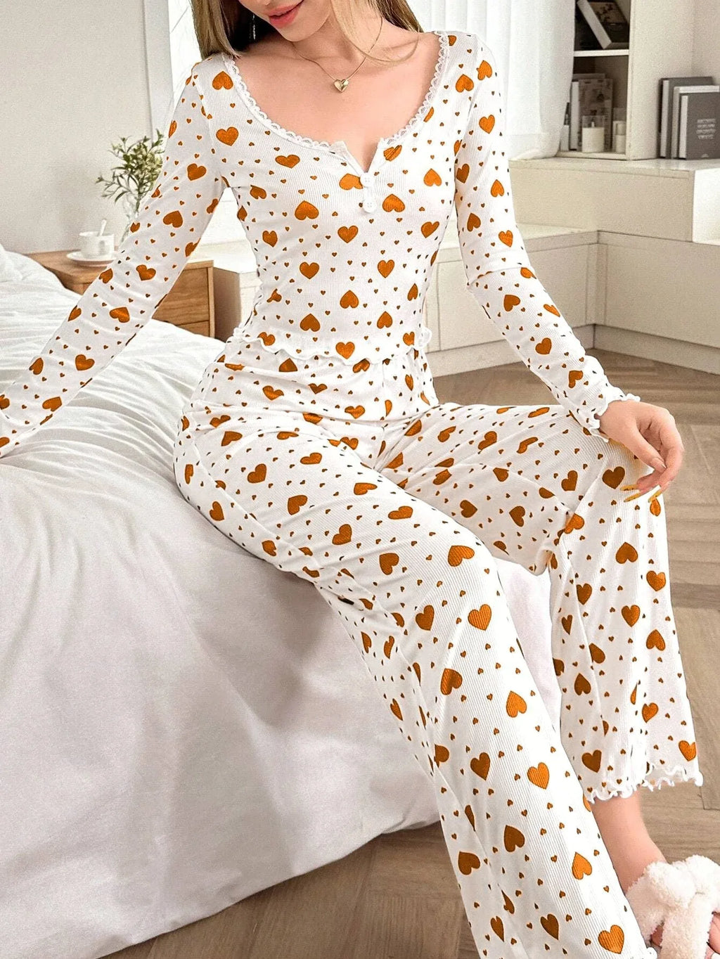 Ribbed Heart Print Pajama Set - View 10 | TEVQA