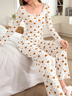 Ribbed Heart Print Pajama Set - View 10 | TEVQA
