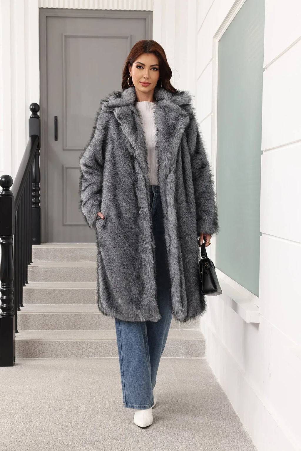Long Faux Fur Lapel Coat - View 16 | TEVQA