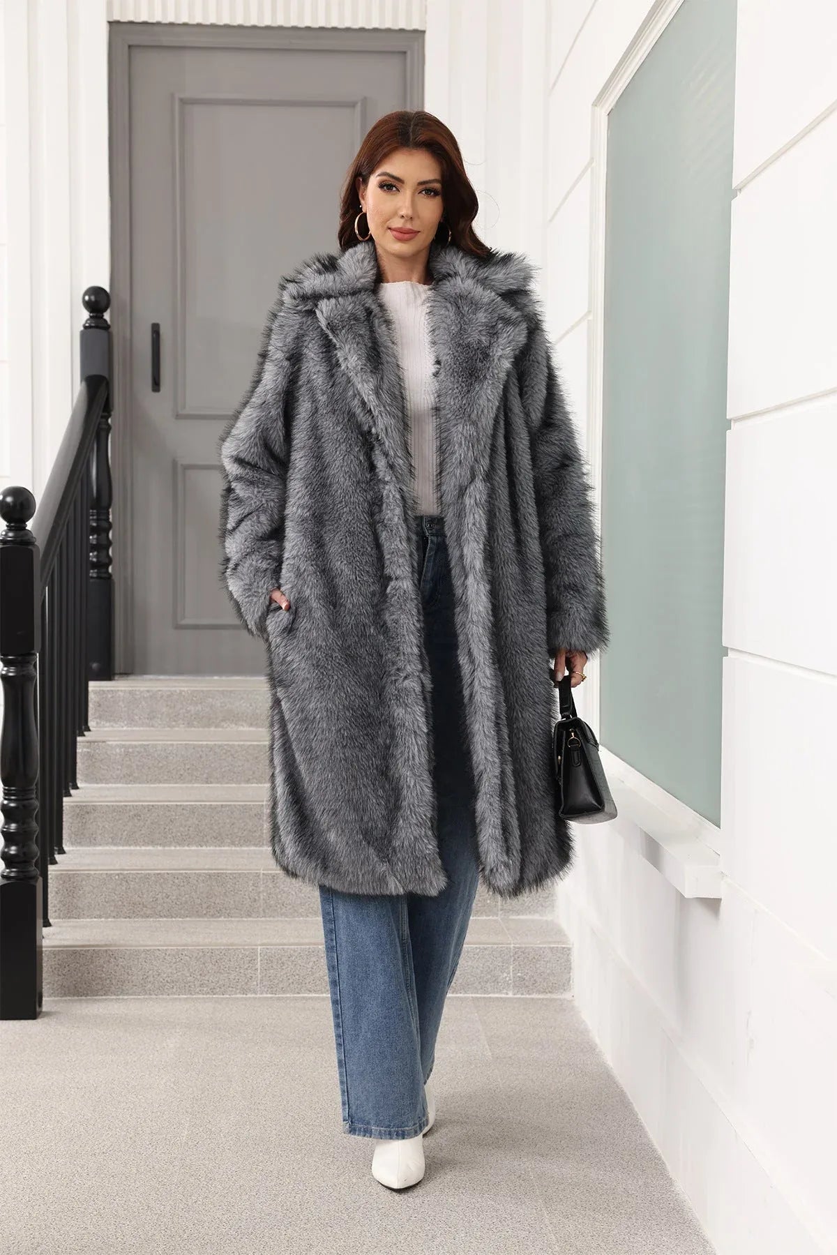Long Faux Fur Lapel Coat - View 16 | TEVQA
