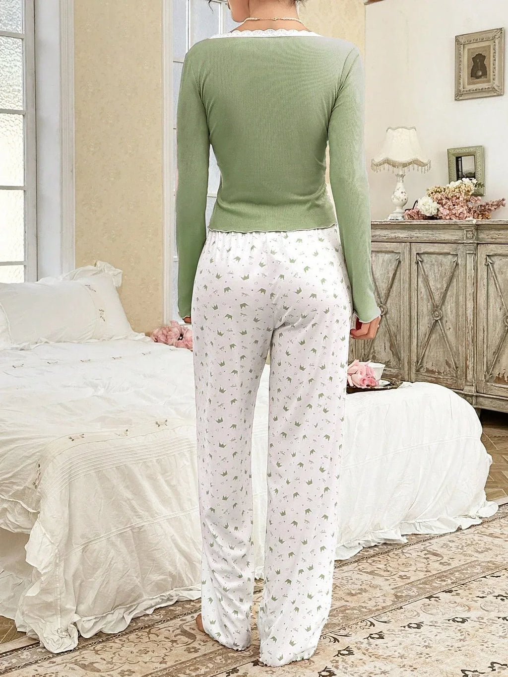 Ribbed knit pajama set with lace trim henley top and crown print bottoms - View 25 | TEVQA