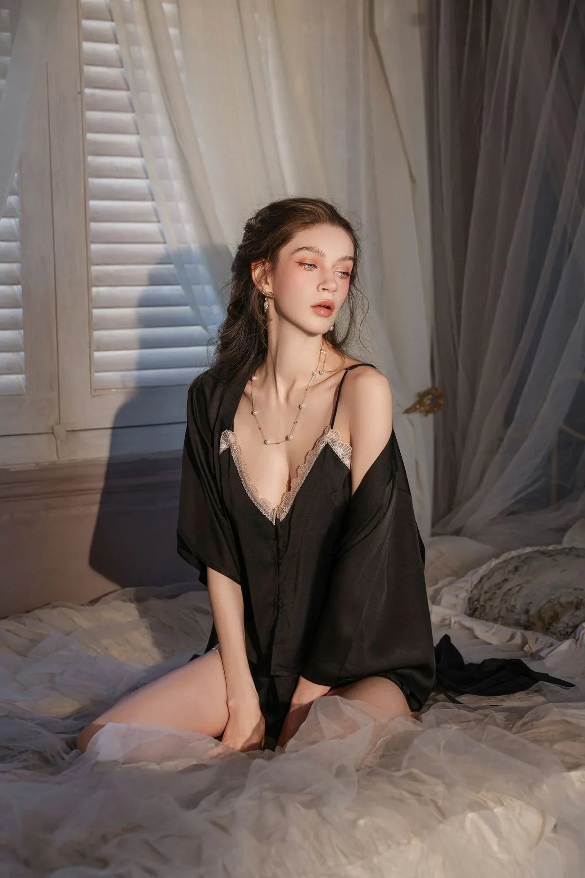 Sage Serenity | Lace Trim Satin 3-Piece Pajama Set - TEVQA