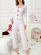 Ribbed Heart Print Pajama Set - View 34 | TEVQA