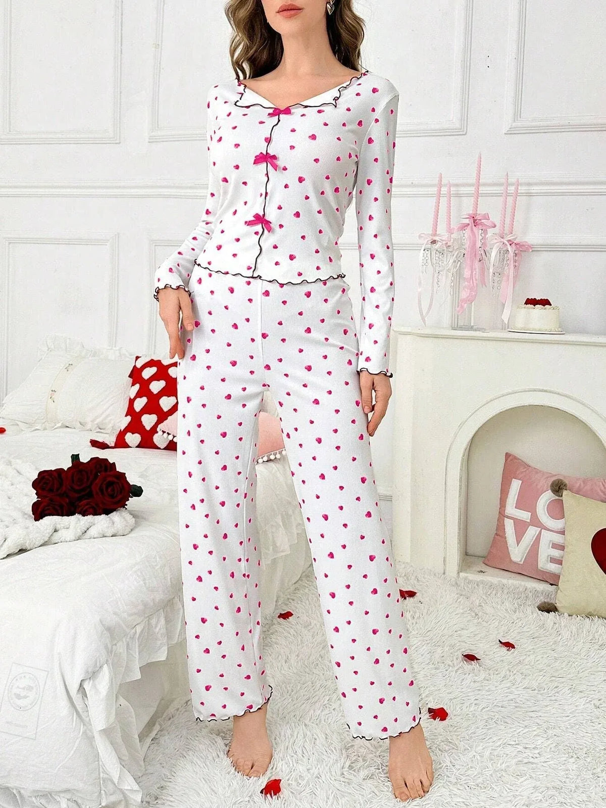Ribbed Heart Print Pajama Set - View 34 | TEVQA