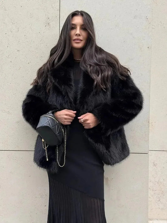Luxurious Faux Fox Fur Mid-Length Coat - TEVQA