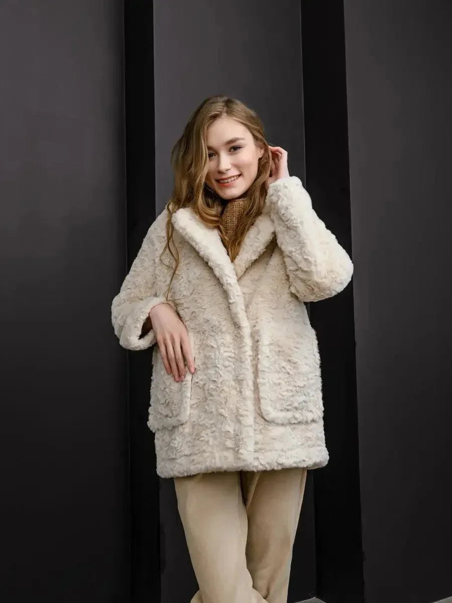 Vanilla Cream Textured Faux Rabbit Fur Coat - TEVQA