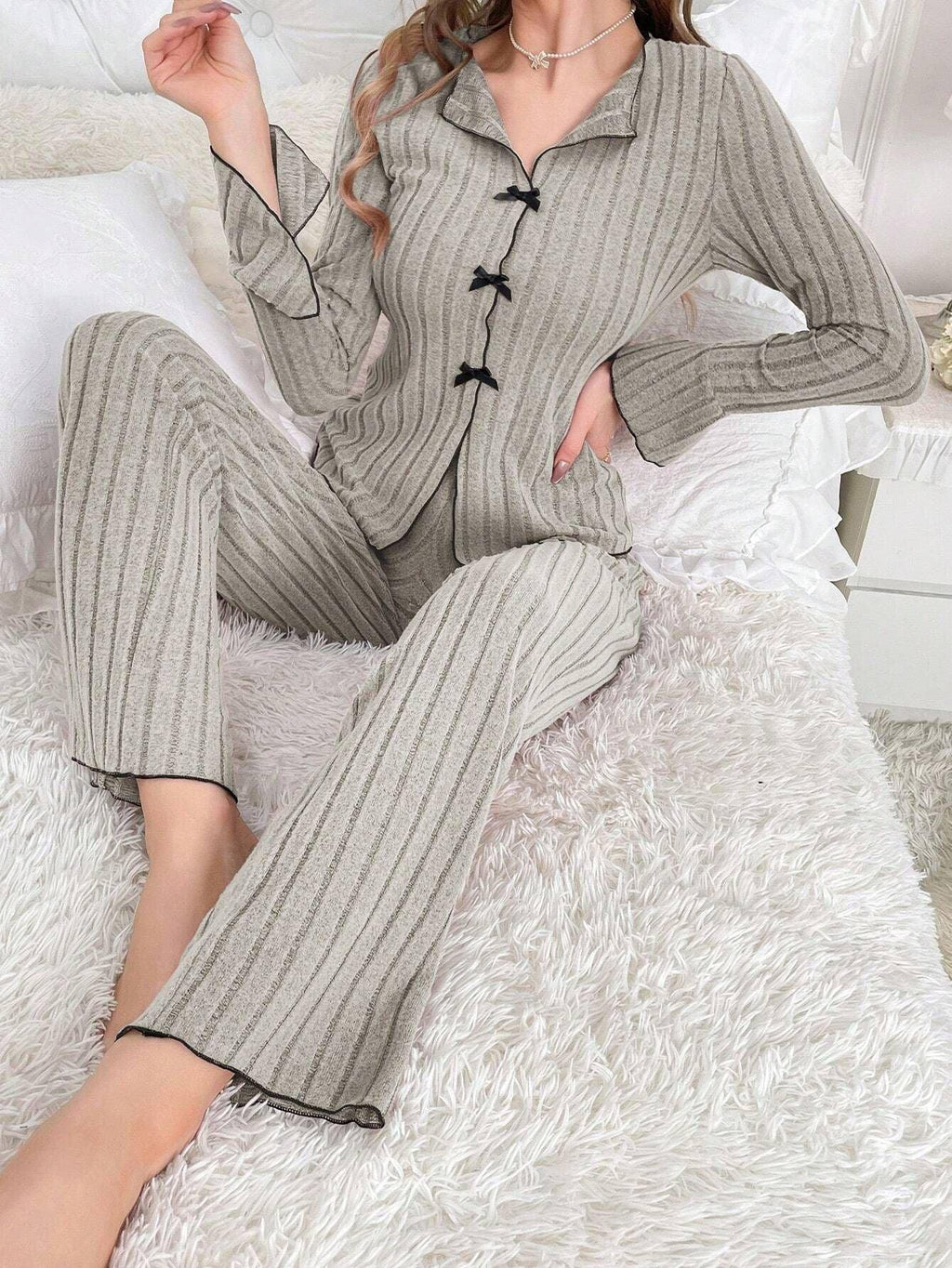 Ribbed pajama set with contrast trim and bow details - View 15 | TEVQA