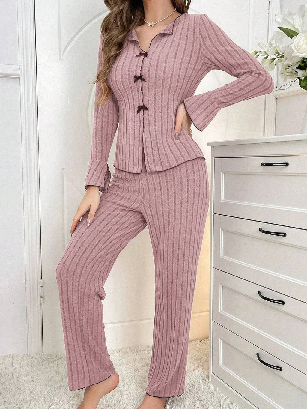 Ribbed pajama set with contrast trim and bow details - View 23 | TEVQA