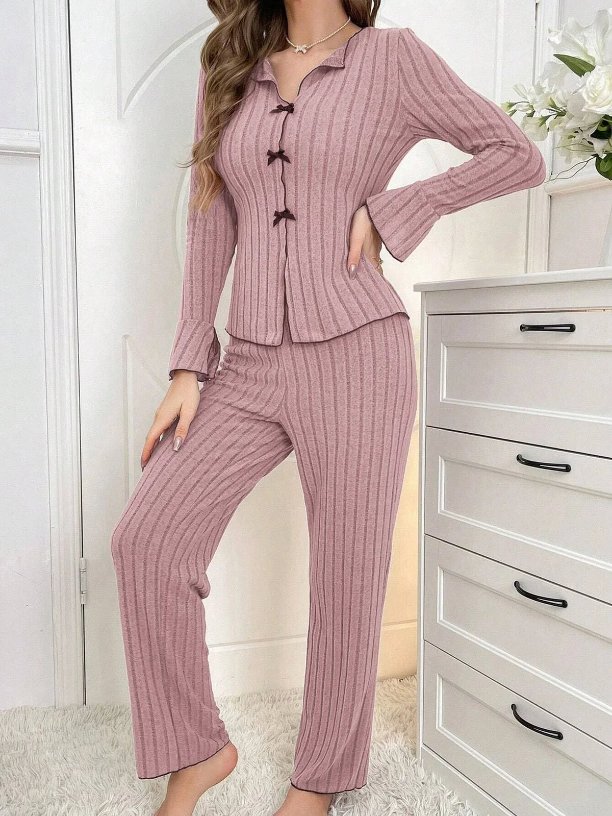 Ribbed pajama set with contrast trim and bow details - View 23 | TEVQA