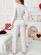 Ribbed Heart Print Pajama Set - View 32 | TEVQA