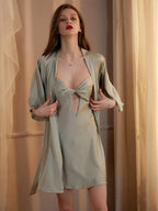 Cutout Twist-Front Satin Slip Dress & Robe Set - TEVQA
