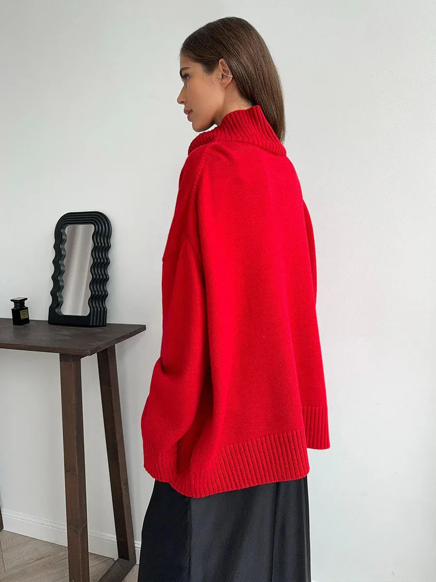 Effortless Oversized High-Neck Ribbed Knit Sweater - TEVQA