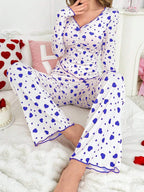 Ribbed Heart Print Pajama Set - View 28 | TEVQA